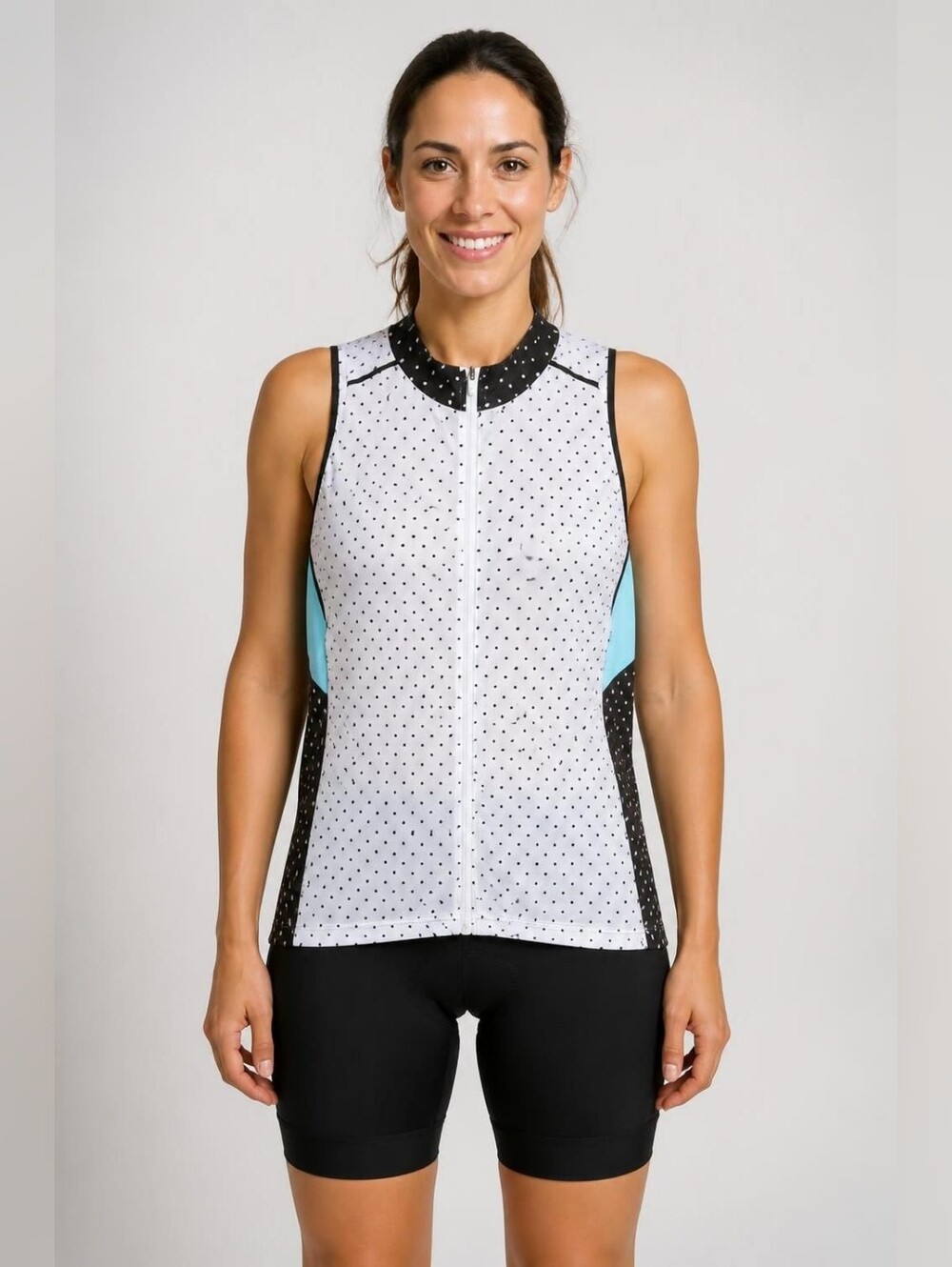 She Beest Large Polka Dot Zip-Front Tank Top with Aqua Side Panels Cycling